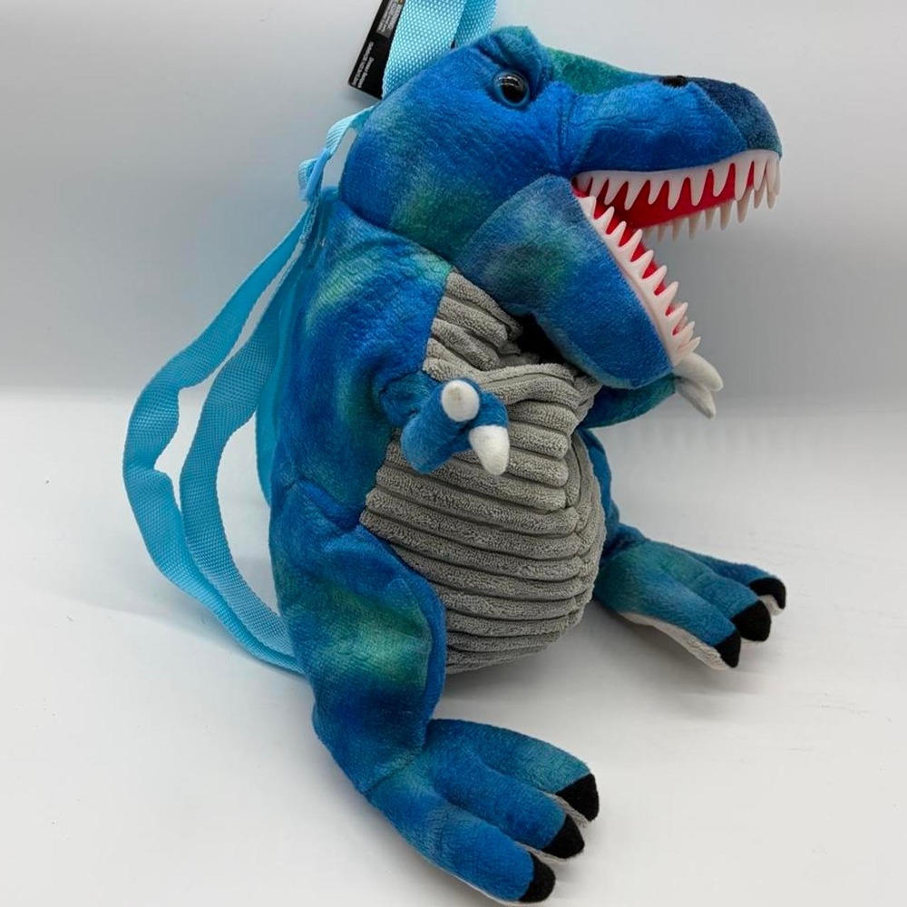 Blue T-Rex dinosaur plush backpack with gray corduroy belly